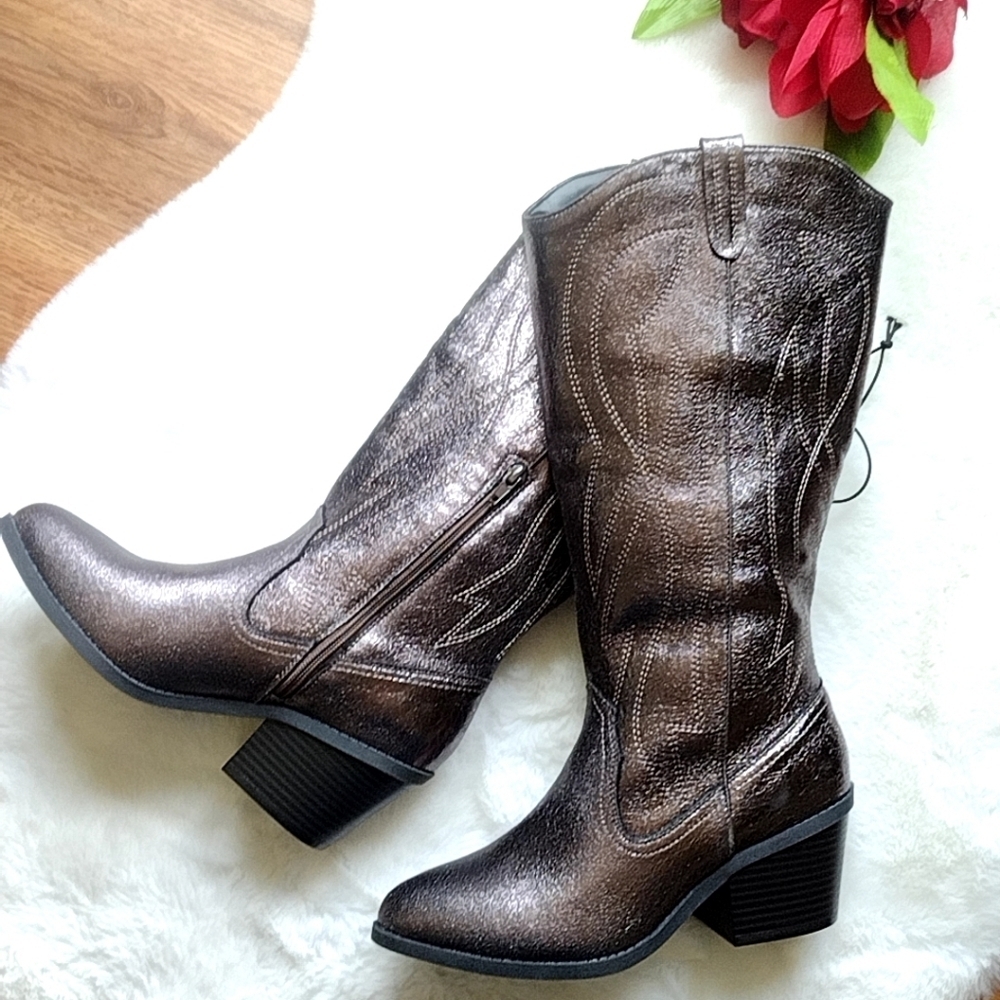 Women's Country Western Boots Festival Metallic Boots Stacked Heel | Size 7.5